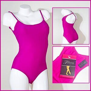 NEW THEATRICALS BUNDLE - XL BERRY LOW BACK CAMI LEOTARD & BALLET PINK TIGHTS